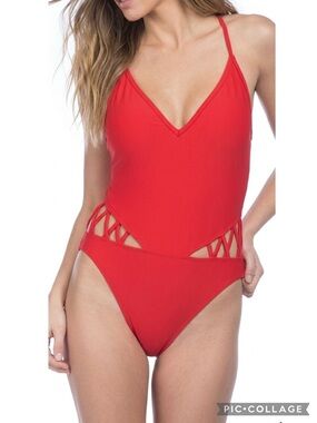 Kenneth Cole One Piece Swimsuit Red Strappy Back Cutouts M Pool Beach
